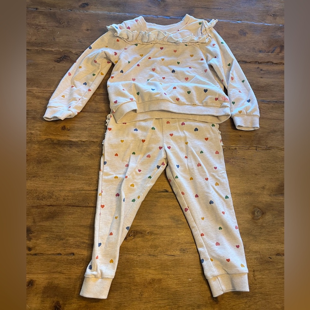 Ruffle Butts Cream and Pink Heart Kids Sweatsuit